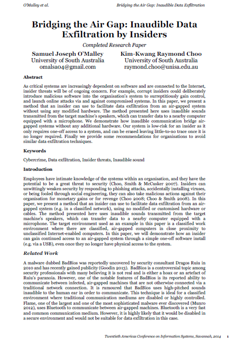 Bridging the Air Gap Inaudible Data Exfiltration by Insiders